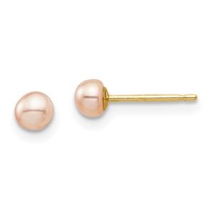 14k Yellow Gold Childrens 3-4mm Pink Button FWC Pearl Stud Post Earrings